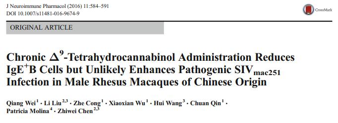 Chronic Δ(9)-Tetrahydrocannabinol Administration Reduces IgE(+)B Cells but Unlikely Enhances Pathogenic SIVmac251 Infection in Male Rhesus Macaques of Chinese Origin.