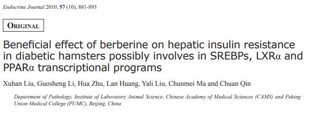 Beneficial effect of berberine on hepatic insulin resistance in diabetic hamsters possibly involves in SREBPs, LXRα and PPARα transcriptional programs.